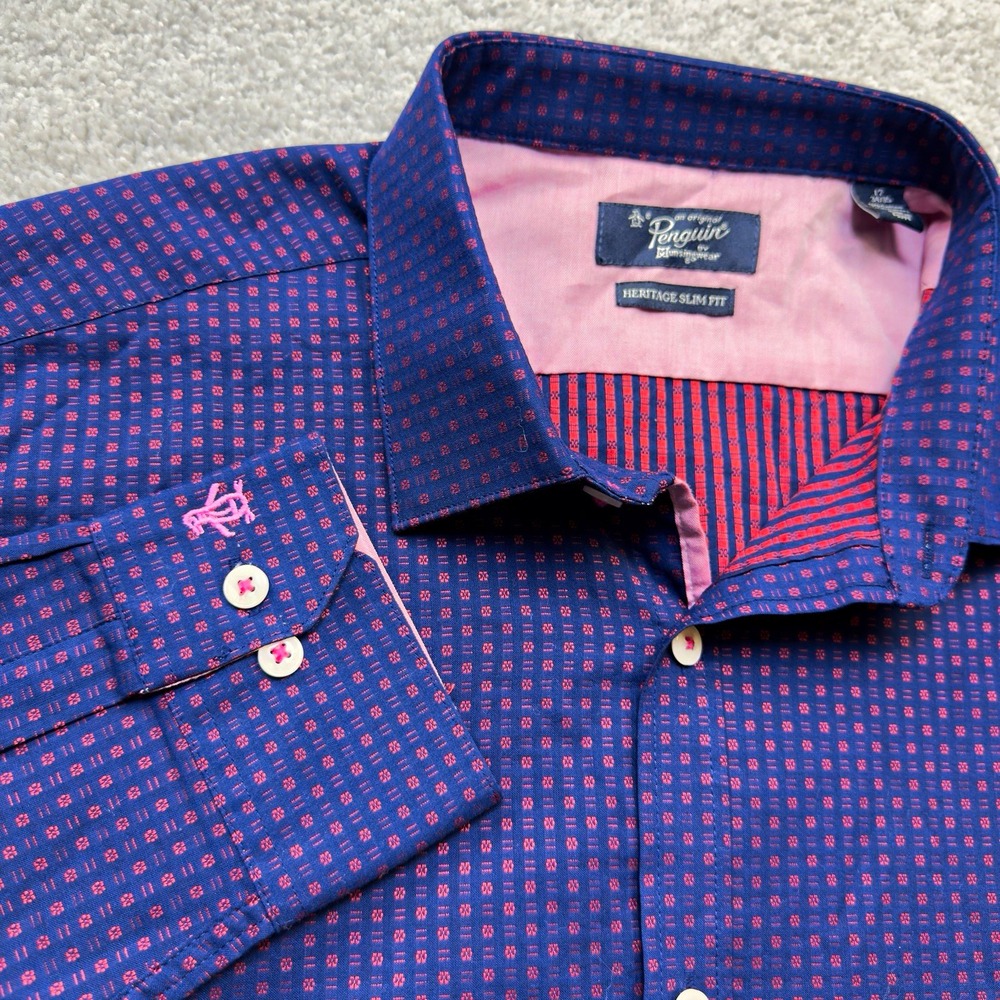 Original Penguin Mens 17 34/35 Slim Fit Button Up Shirt Navy Pink Geometric